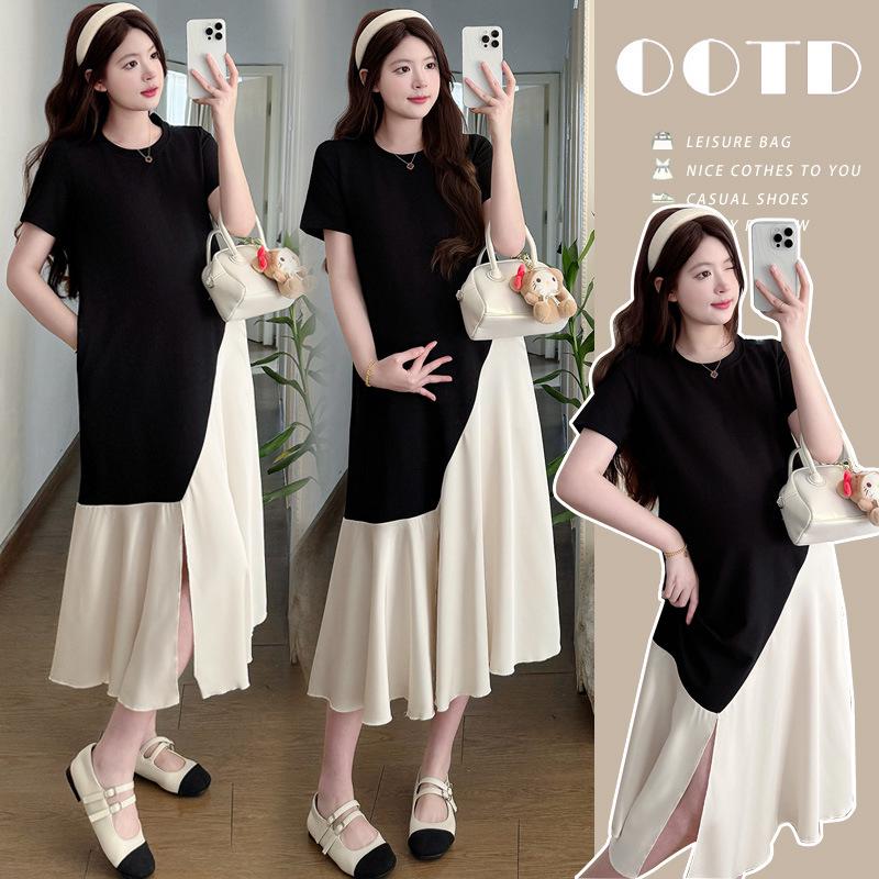 French Satin Patchwork Maternity Dress: Summer Short Sleeve Two-Piece Little Black Dress (2026 New Style) M