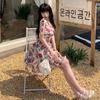 Ruffle Floral Dress Women Rose Sling Strap Sundress French Style Mini Sleeveless Dress  Lolita