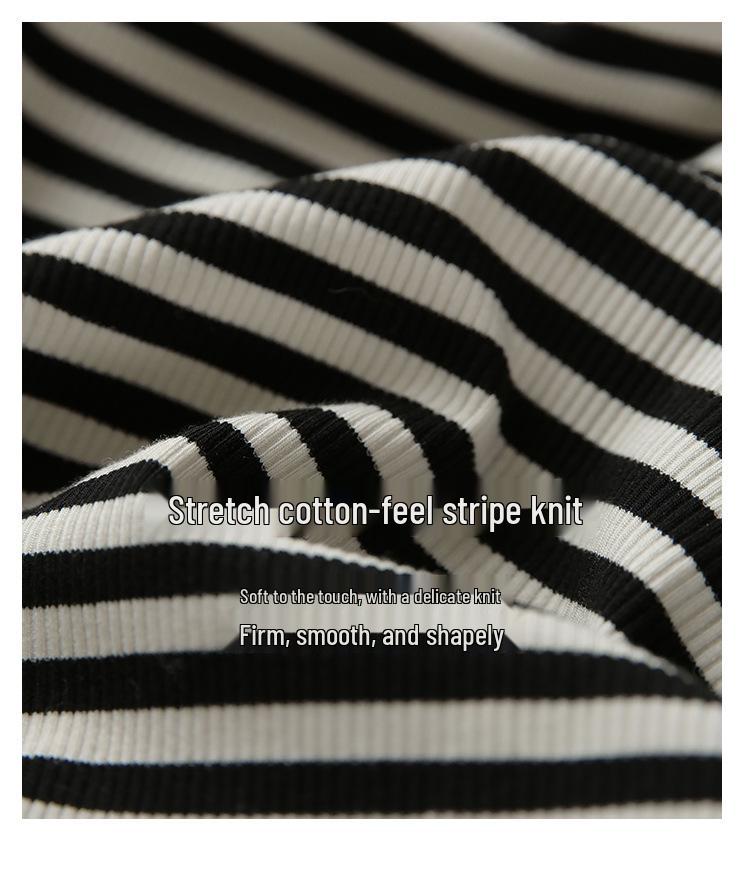 Women's Slim Fit Black & White Striped Long Sleeve Cotton T-shirt - Autumn/Winter 2025