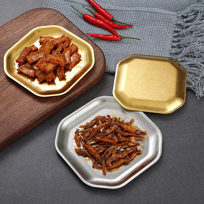 Korean Style 304 Stainless Steel Square BBQ Tray & Flat Bottom Pastry Plate - Gold Dinnerware