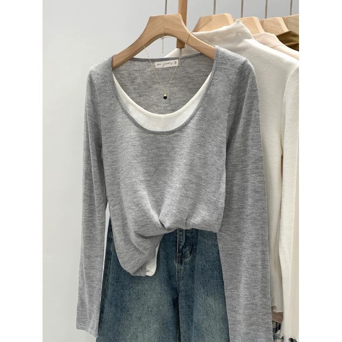 Two Large-sized Early Autumn Color-blocking Fake Long-sleeved Base Shirts for Women's Versatile Layering T-shirt Tops