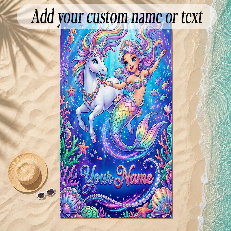Unicorn Theme Soft Beach Towel Personalized Custom Name Text Towel Portable for Beach Pool Travel