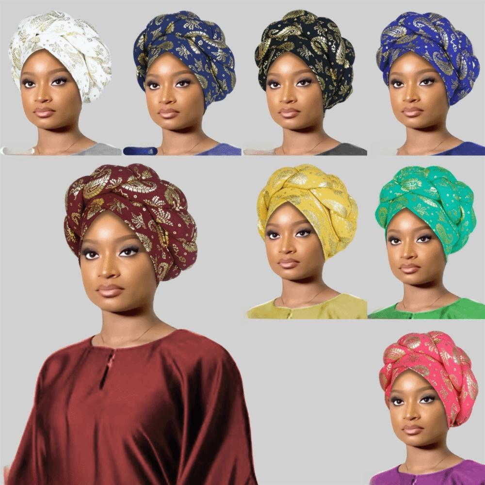 Polyester Printed Pull On Hat Gold Foil Printed Braided Headwear Fashion Women Cap Women