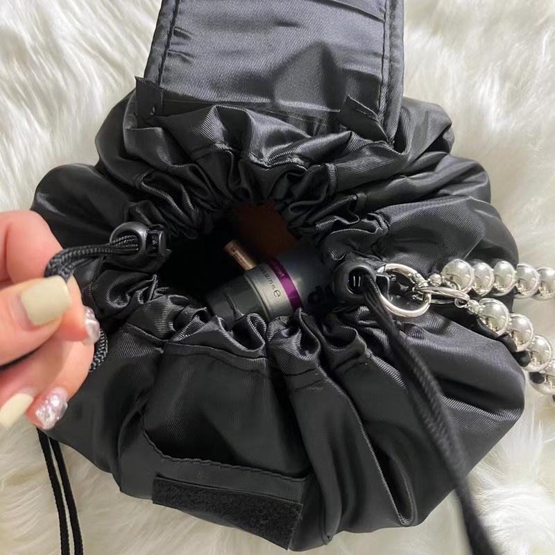 TikTok Style Portable Black Drawstring Makeup Bag for Easy Travel Storage