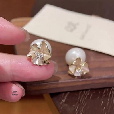 Elegant French-Inspired Gold Flower Pearl Earrings: Exquisite & Unique Women's Stud Jewelry