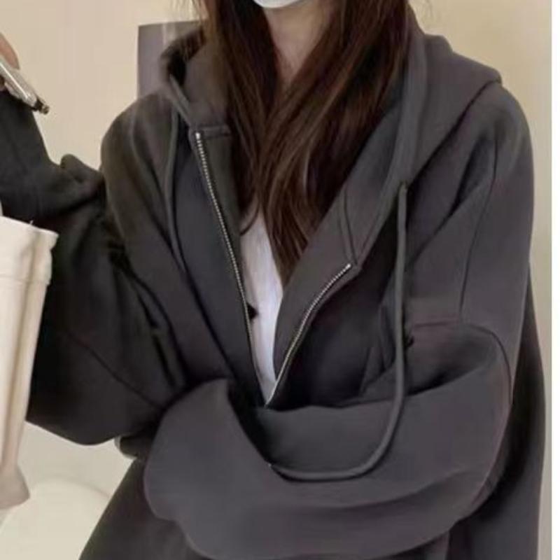 Thin Loose Casual Sweatshirt Jacket for Women Spring and Autumn Korean Lazy Style Hooded Zipper Sweatshirt for Women Long-sleeved Cardigan