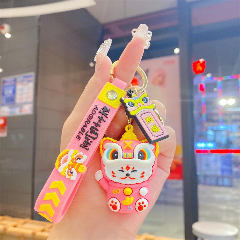 Guochao Maneki-neko Cat Lion Dance Keychain - Chinese Style Lucky Charm
