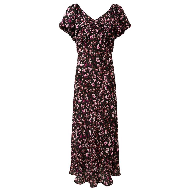 Sancai 2025 Summer V-neck Floral Bubble Sleeve A-line Maxi Dress
