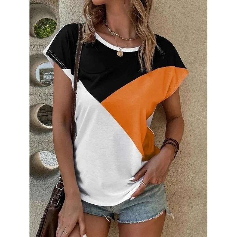 Тонкая женская базовая футболка из полиэстера с цветными блоками с 3D принтом Y2k — фото 6