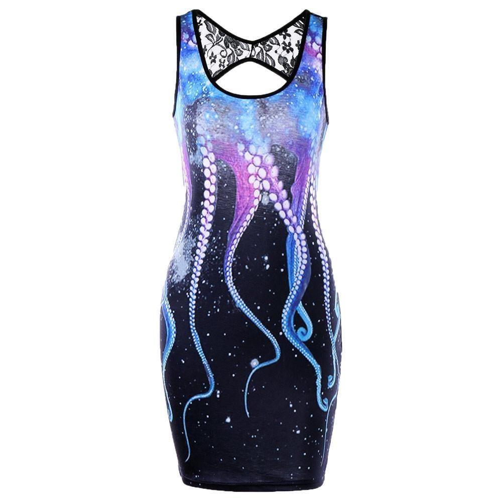 Women Summer Delicate Sleeveless Cut Out Octopus Print Mini Dress With Lace Stitching