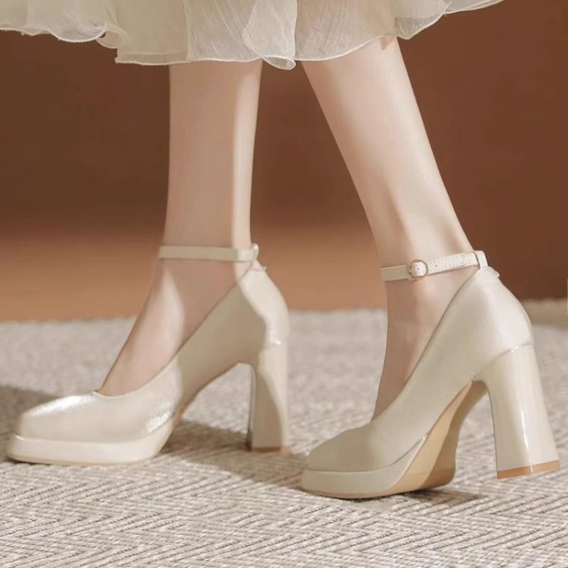 Off-White Satin Platform Mary Jane Heels with Square Toe for Spring/Summer Weddings