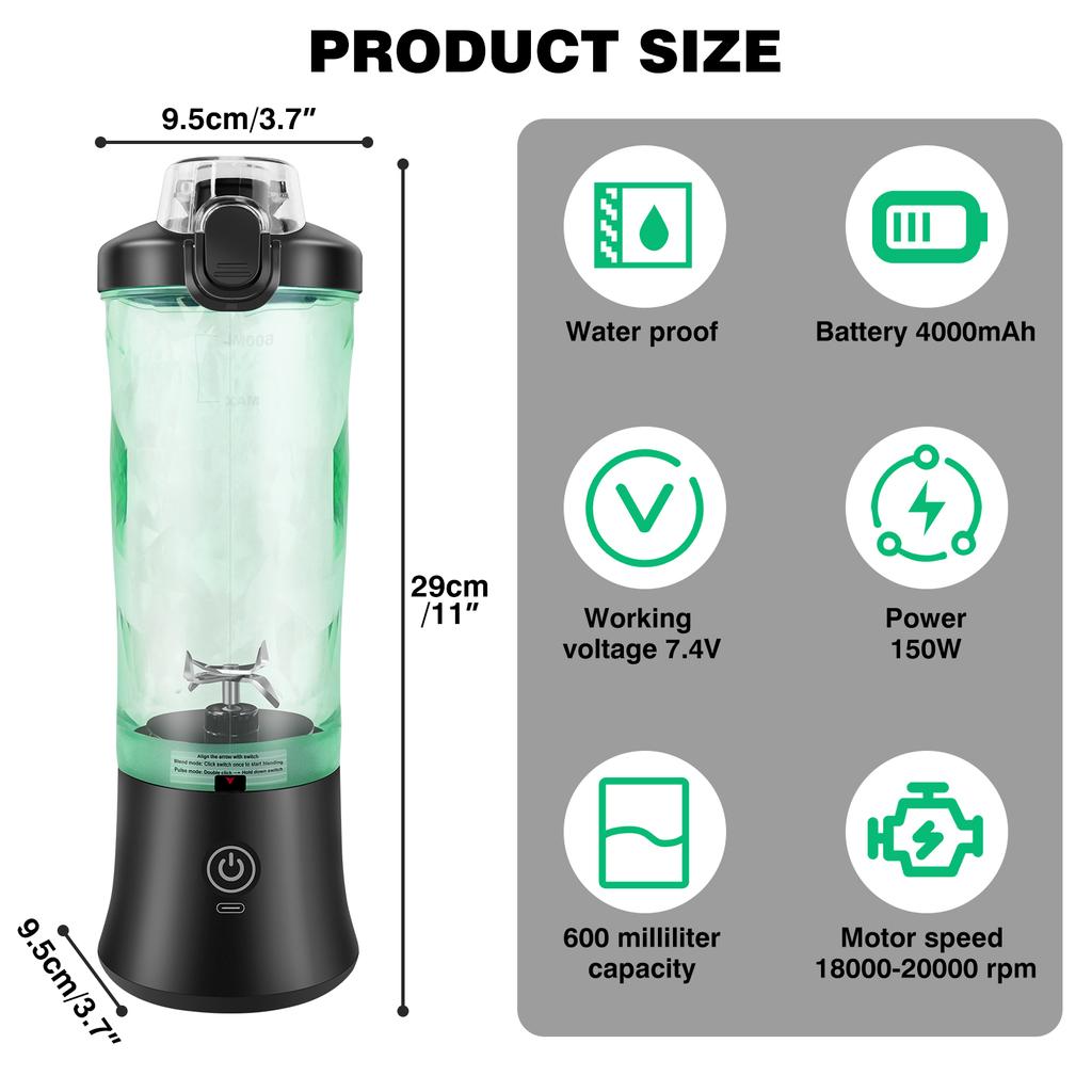 600ml Tragbarer Mini-Mixer, USB Wiederaufladbarer Kleiner Smoothie-Mixer, Große Kapazität Reise-Mixer Tragbar für Smoothies, Zerkleinert Eis