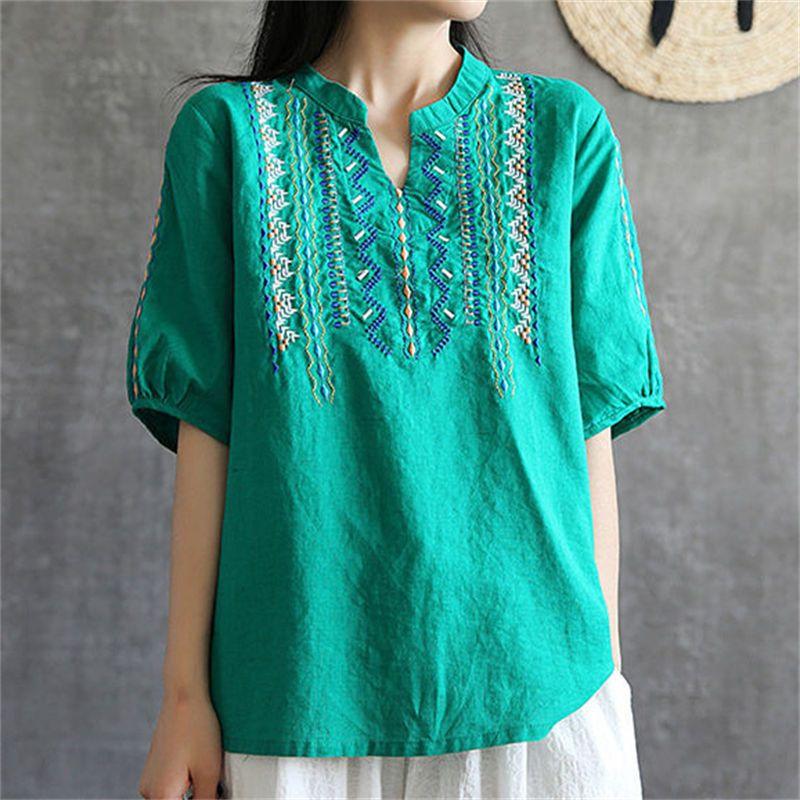 Plus Size M-3XL Cotton Linen Summer Women T-shirt Blouse Vintage Print Chinese Style Female Embroidered Casual Tops