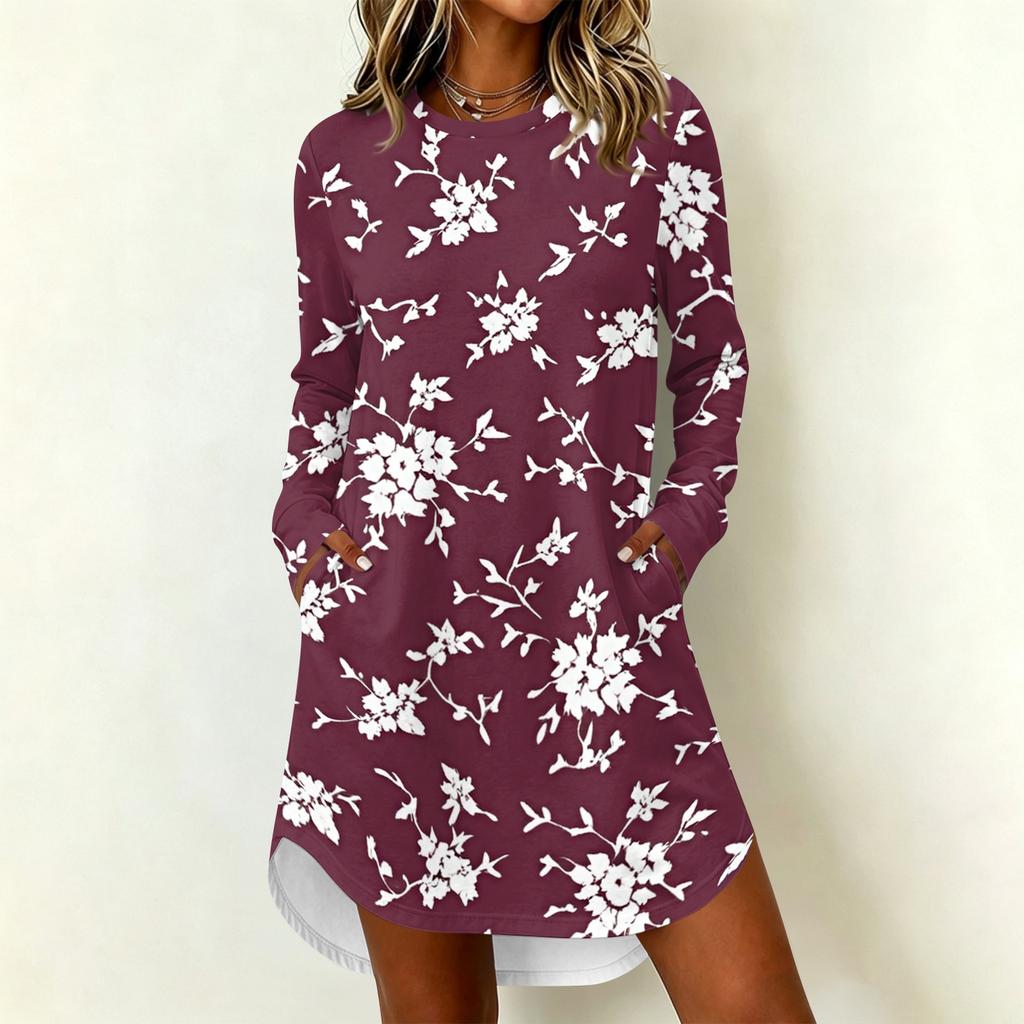 Women's Casual Floral Print Long Sleeve Round Neck Dress