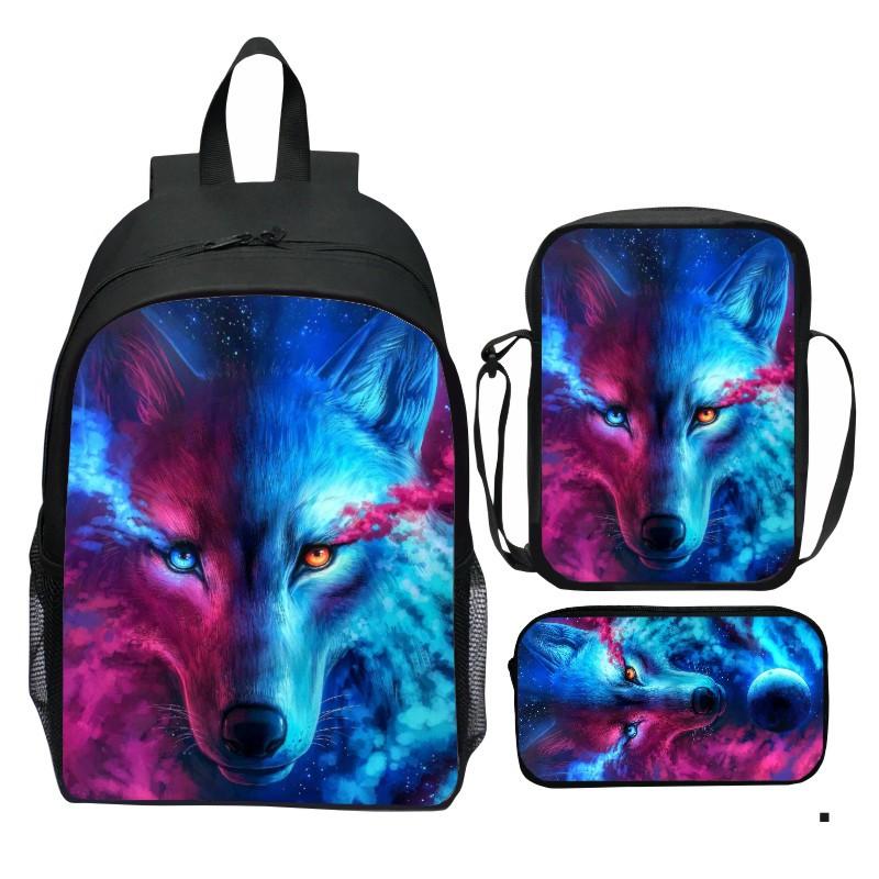 Bedruckter Universum Sternenhimmel Rucksack 3-teiliges Set Tier Wolf Löwe Rucksack Kleine Umhängetasche Federmäppchen