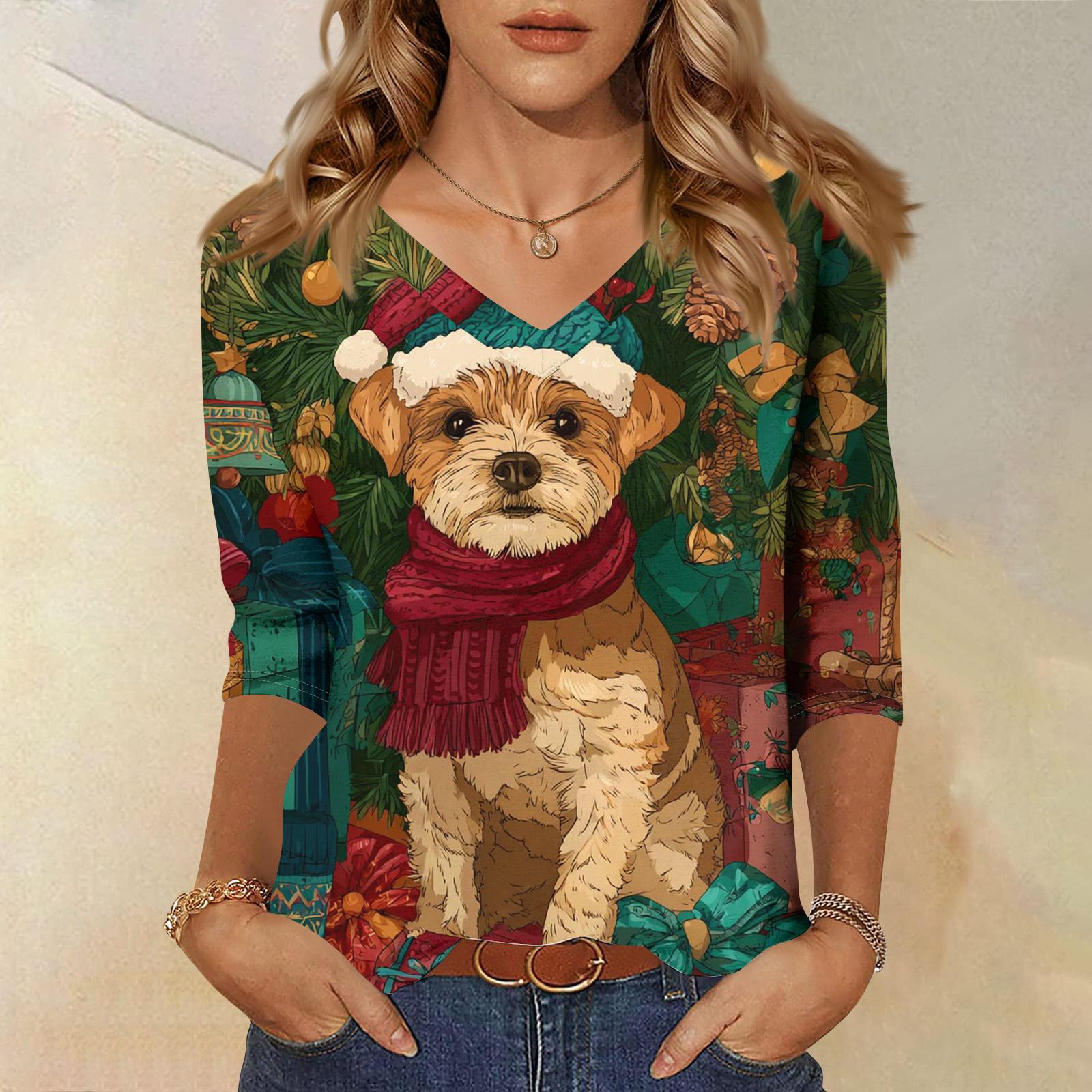 

3/4 Sleeve Shirts For Women Print Christmas Tees Blouses Casual Plus Size Basic Tops Pullover S