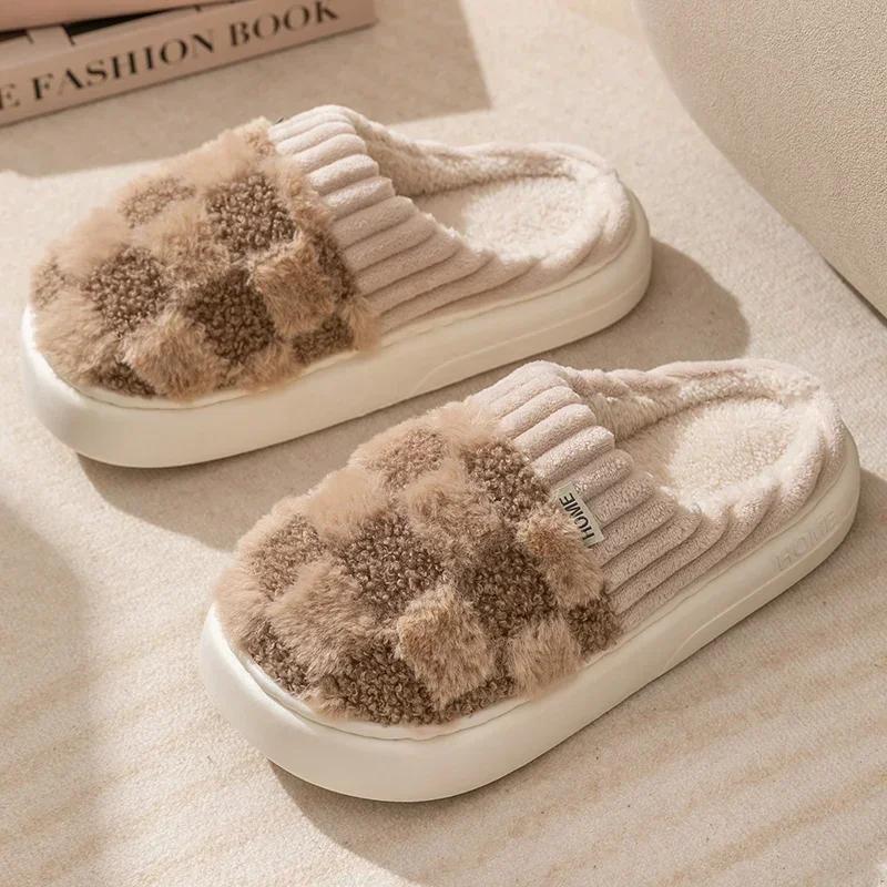 Fashion Autum Winter Plush Warm Women Cotton Slippers Casual Indoor Home Toe Wrap Cartoon Slides Men Anti Slip Thick Platform Soft Shoes