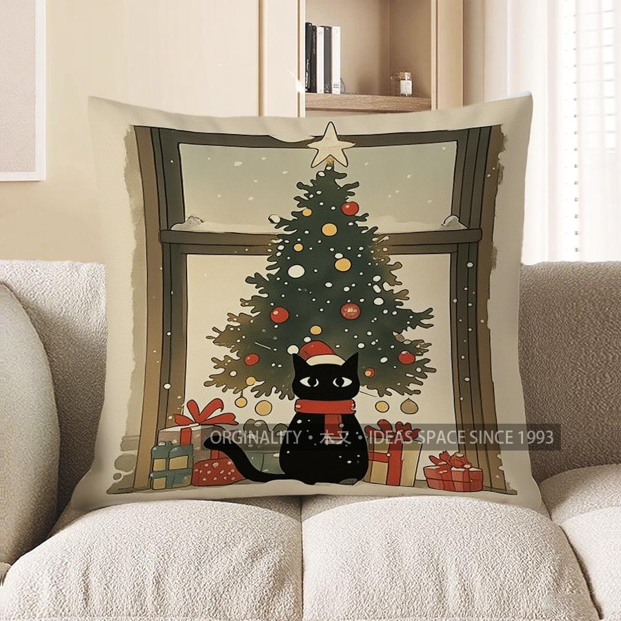 Home Decor Black Cat with Santa Hat Christmas Pillow Pattern Cushion Cover Suitable for Sofa Bedroom Car Pillow Cover