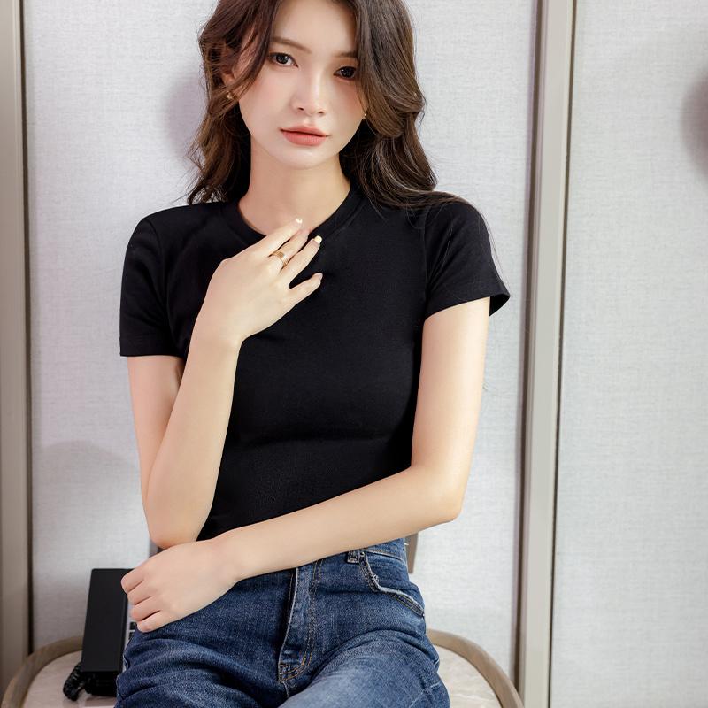 Small High Neck Pure Cotton Design New Spring and Summer Crop Exposed Short Style Slim Fit Bottom Top JS