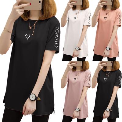 Summer Short Sleeve T Shirt Heart Printed Long Tops Crew Neck Casual Tees