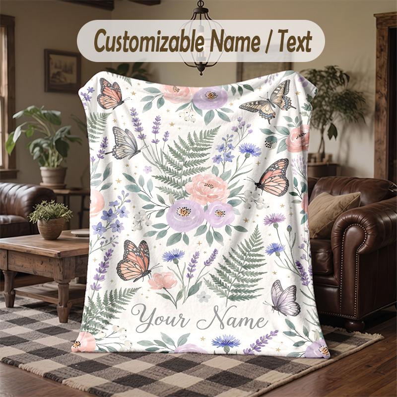 Butterflies Ferns Theme Throw Blanket Custom Name Text Personalized Blanket Soft Cozy Blanket for Home Sofa Bed