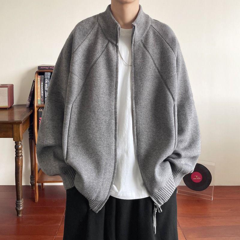 P64 Men s Casual Double Zipper Knit Cardigan with Stand Collar L серый
