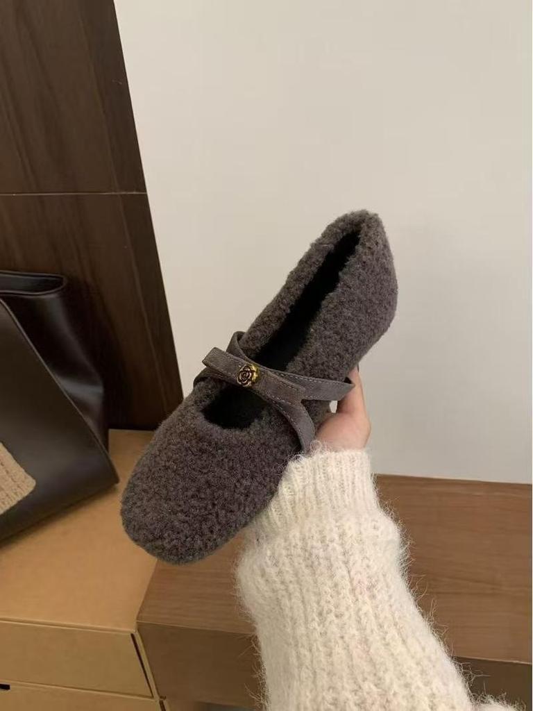 Inner height increase gentle shallow mouth Mary Jane shoes autumn and winter soft sole plush beanie shoes women