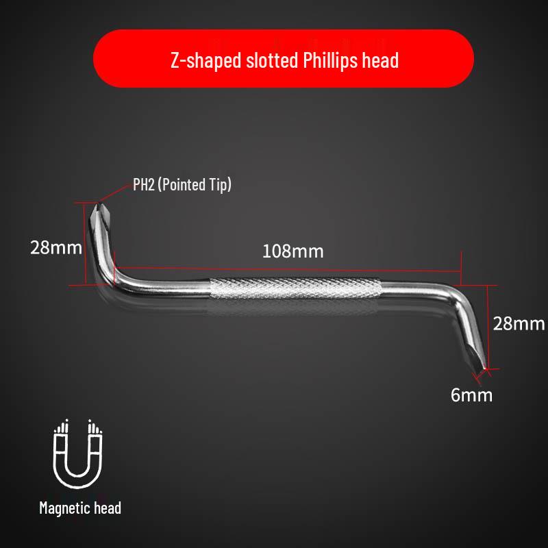 Magnetic Z-Shaped Dual-Ended Right-Angle Screwdriver: Slotted & Phillips
