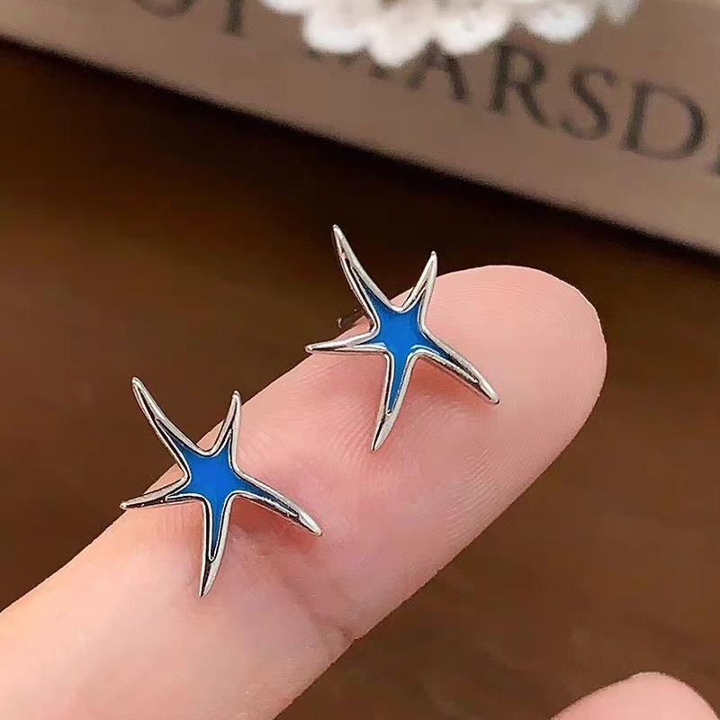 Blue Glazed Starfish Stud Earrings, 925 Sterling Silver, Ideal for Sleep, Niche Design.