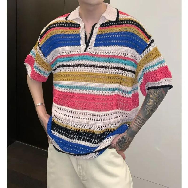 Men Summer Fashion Vintage Rainbow Striped Hollow Polo Collar Knitted T Shirt Casual Streetwear Short Sleeve Loose Pullover Tops