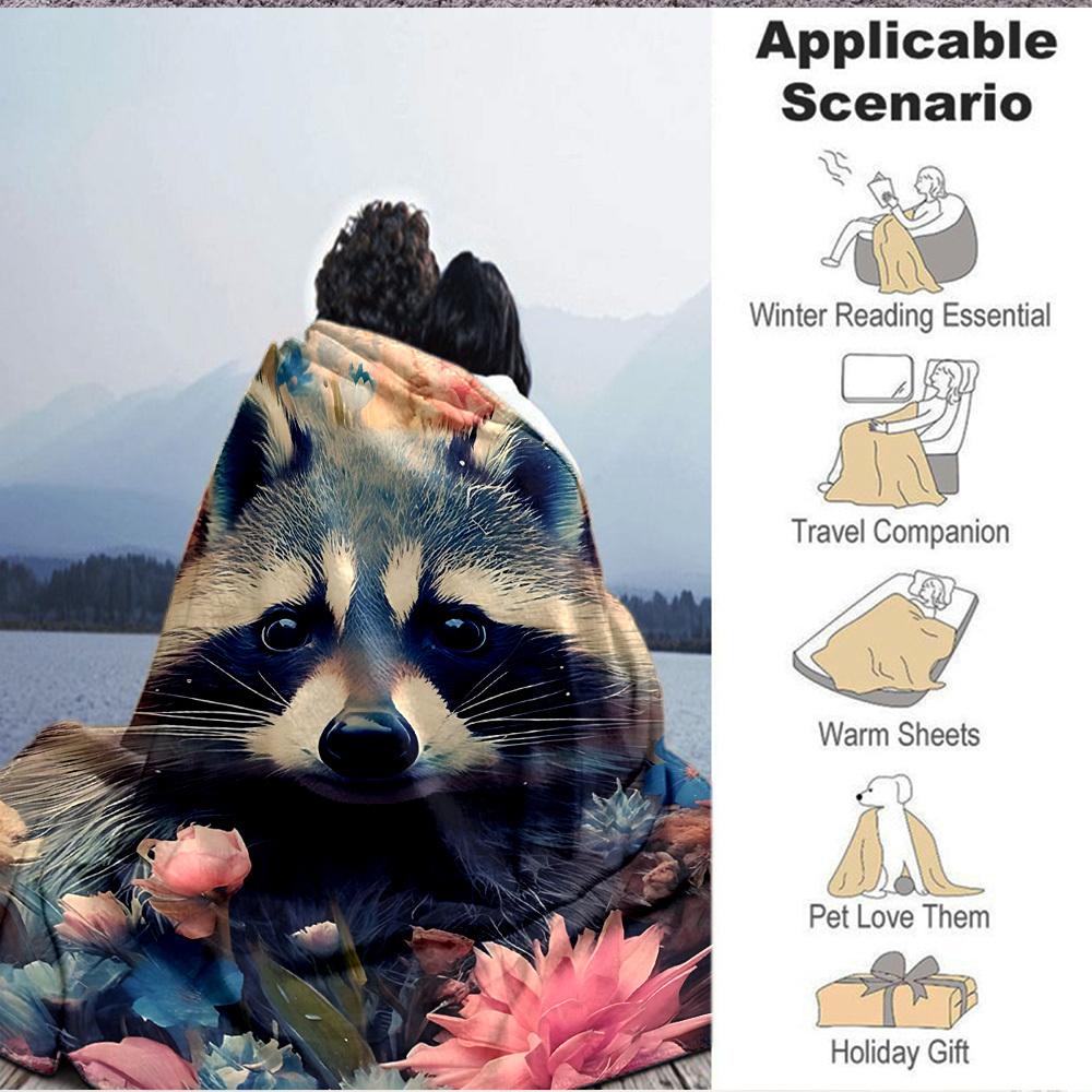 1pc Raccoon Flowers Print Blanket   Lightweight Flannel Throw Blanket For Sofa, Bed, Living Room, Office, Outdoor Travel, Camping