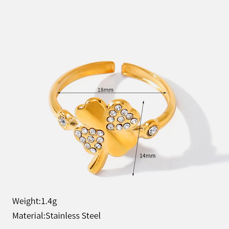 Stainless Steel Four-leaf Clover Open Ring Women's Gold-plated Diamond-set Light Luxury Niche Design Fashion Ring Zircon Jewelry