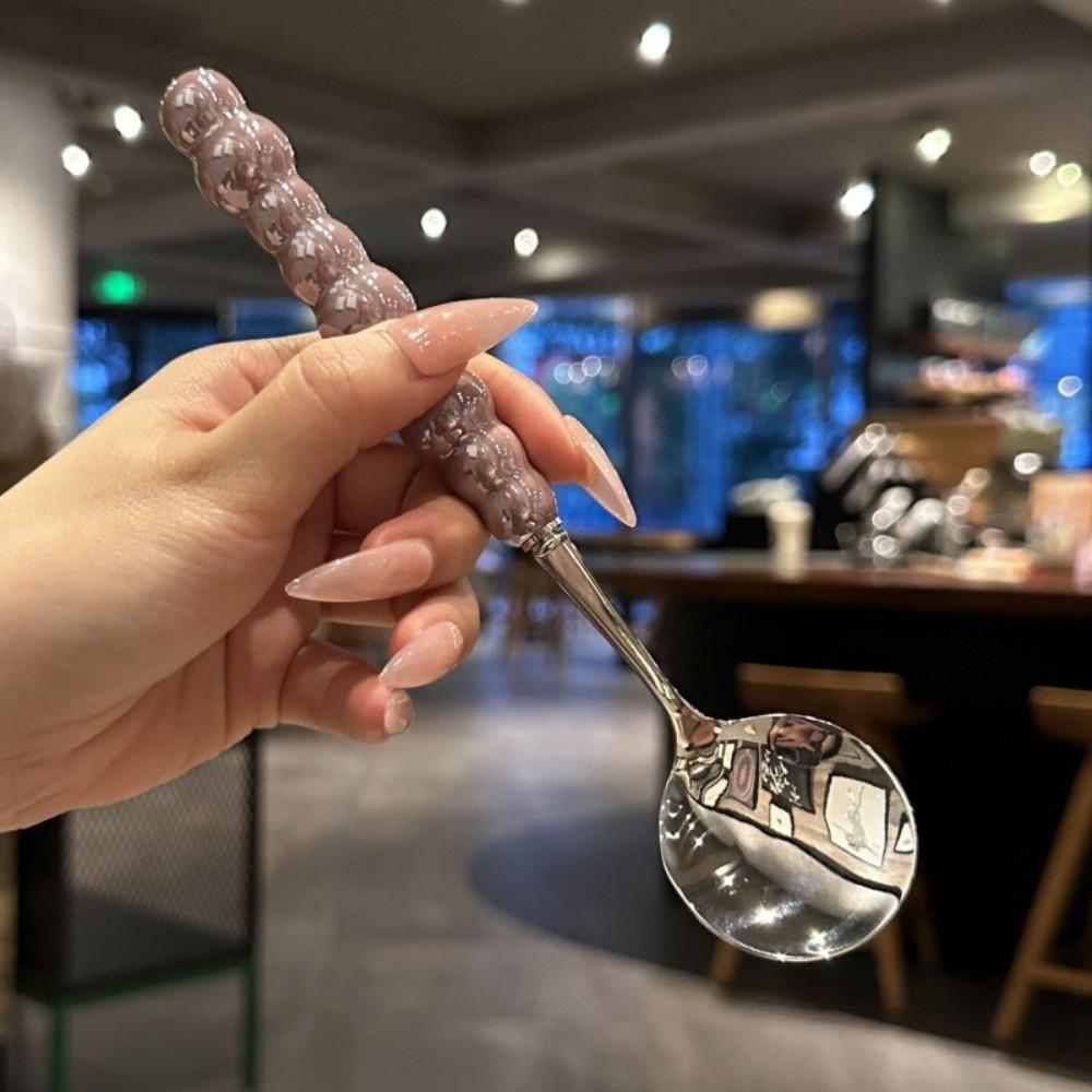 New Stainless Steel Pearl Handle Spoon Five-color Imitation Ceramic Stirring Spoons Long Handled Dessert Spoon Household