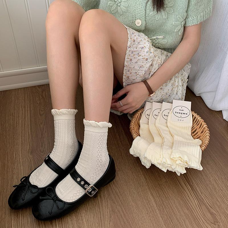 Female Spring and Autumn Sweet Three Dimensional Relief Bubble Mouth Lace Ballet Wind Boneless White Tube Pile Socks