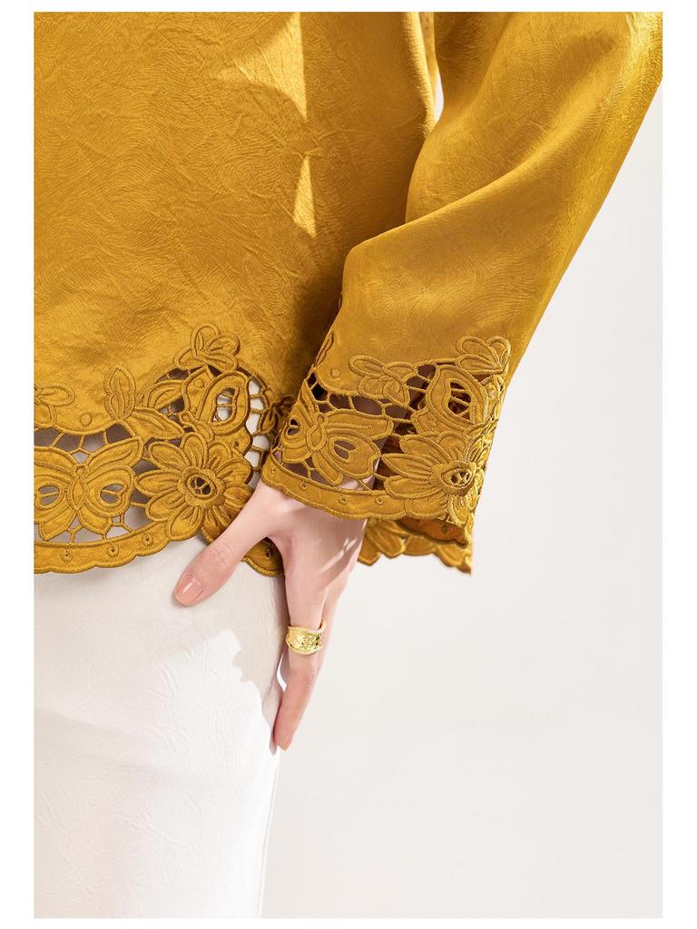 Luxurious Retro Chinese Satin Embroidery Round Neck Shirt - Early Spring Fashion
