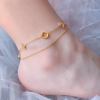 Double Four-Leaf Clover Anklet Delicate Versatile Light Luxury Temperament Fashion Anklet