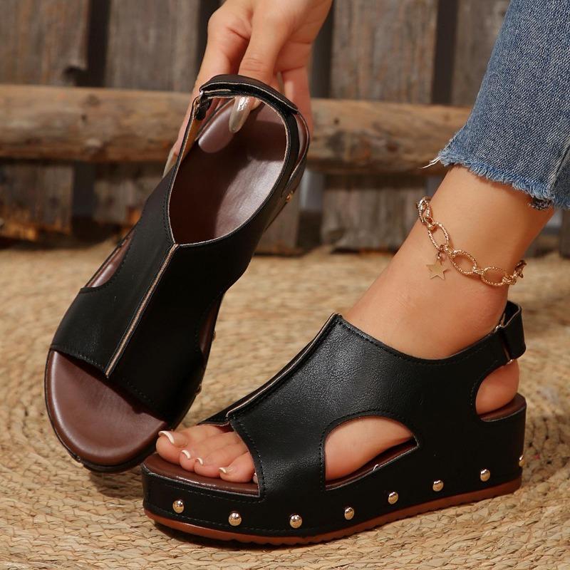 Summer New Thick Bottom Slope with Sandals Female Velcro Large Size Rivets Flat Fish Mouth Sandals