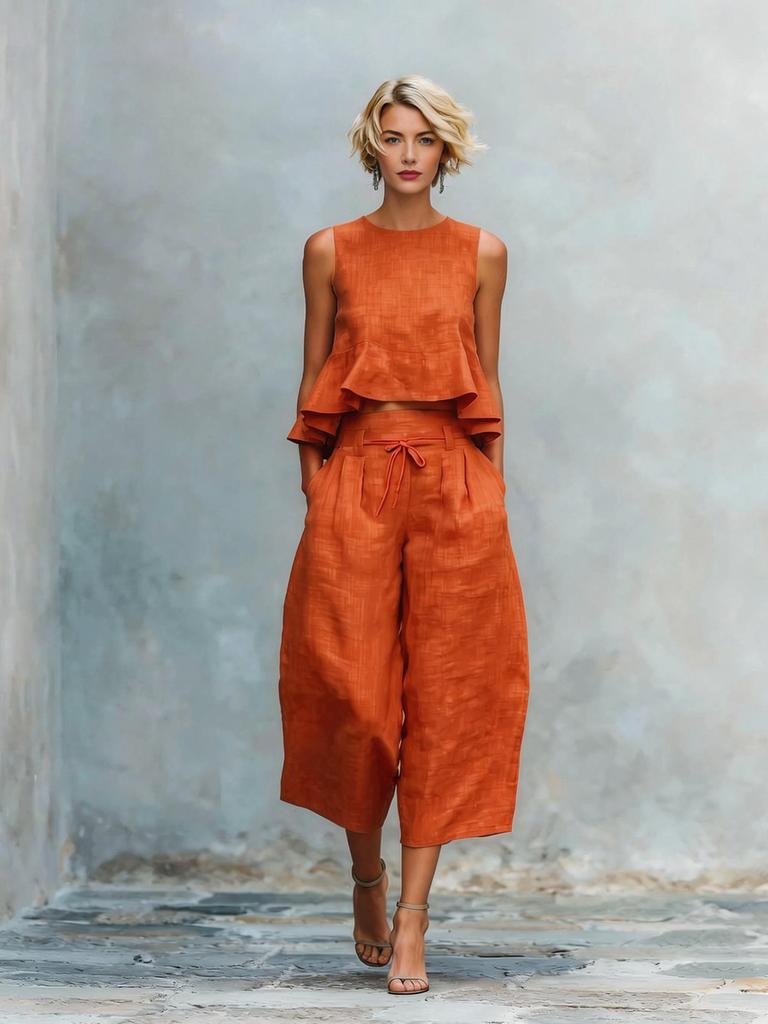 New Arrivals Summer Women's Linen Blend Two-Piece Set with Ruffles