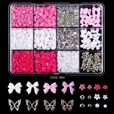 12 Grid Rose Nail Art Alloy Jewelry Resin Bow Camellia Three-Dimensional Flower Mixed Box