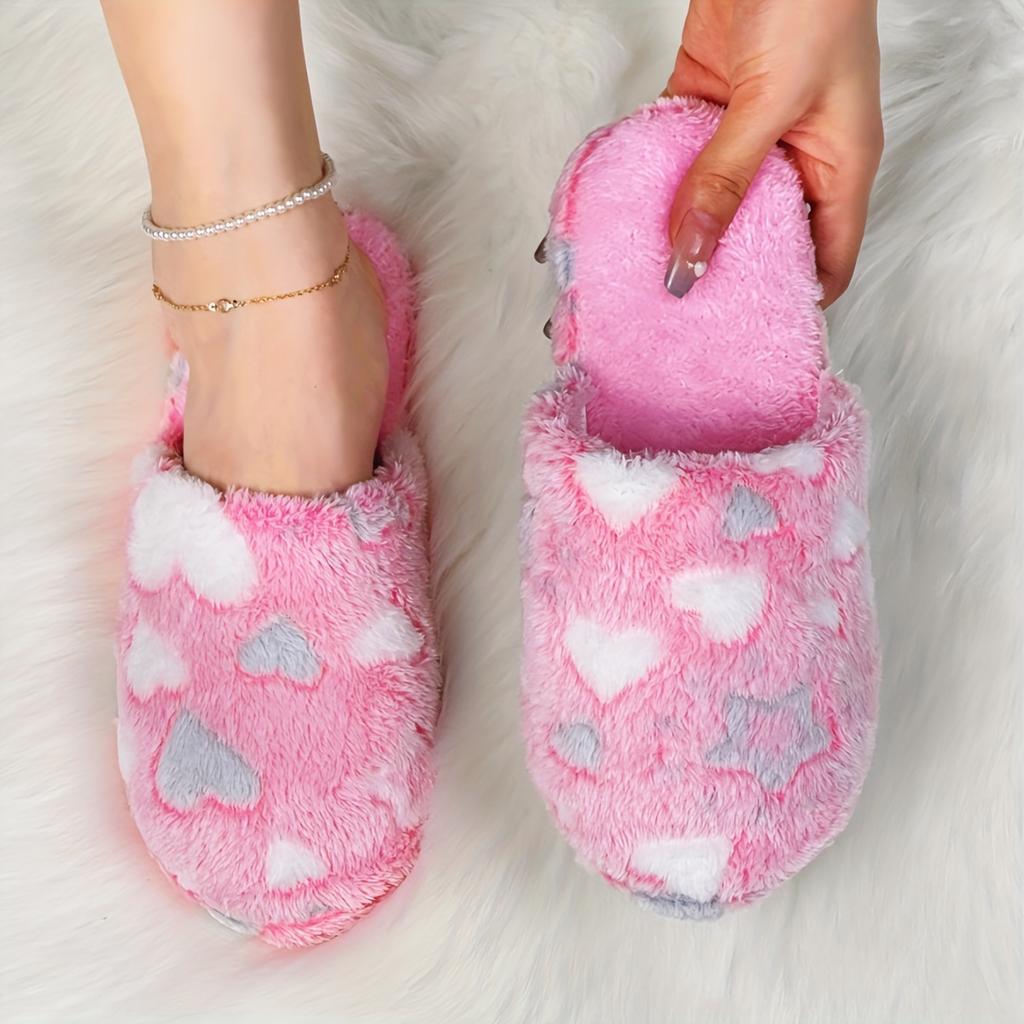 Indoor Non-Slip Fuzzy Slippers, Cute Heart and Star Pattern Slides, Plush Shoes | Plush Fabric Slides for Home Use, Casual Slip-Ons with Fleece Lining