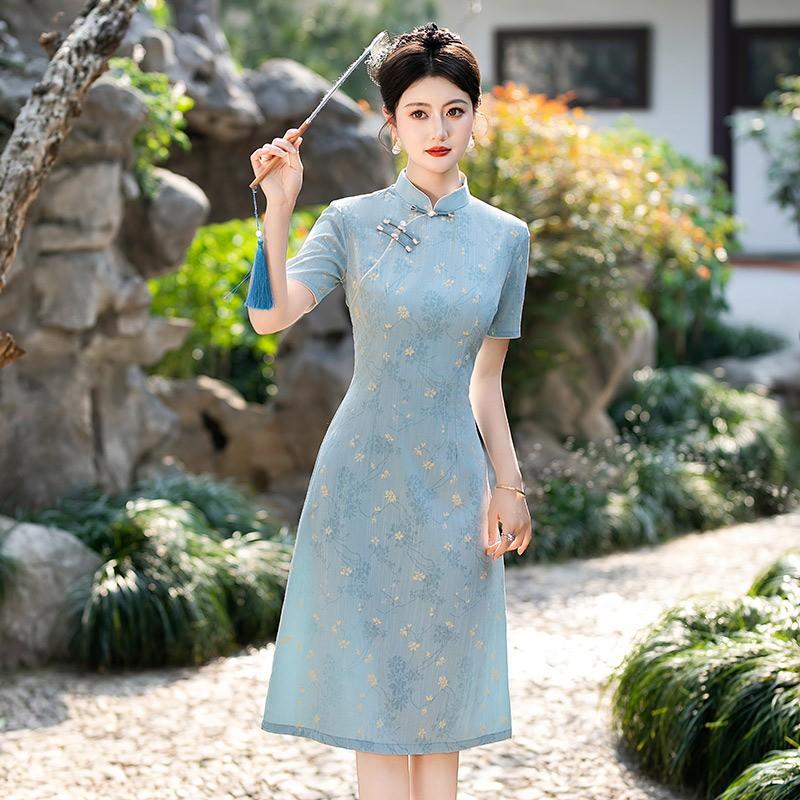 Slim Fit Chinese-Inspired Short Sleeve Dress Women Vintage Style 2025 Qipao