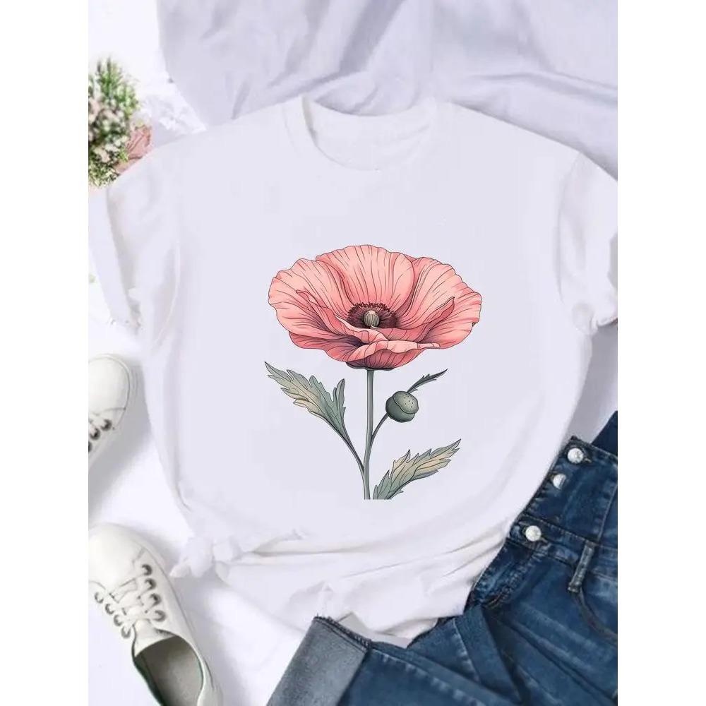 Flower Style Trend Cute Fashion Women Graphic T Shirt Print T-shirts Stylish Short Sleeve Top Clothing Ladies Female Tee T-Shirt