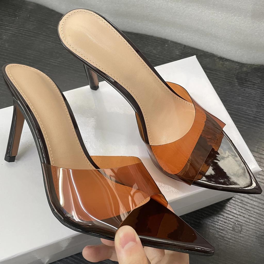 Summer New Women's High-heeled Sandals Transparent High-heeled Slippers Stiletto Pointed Toe Slip-on High-heeled Sandals