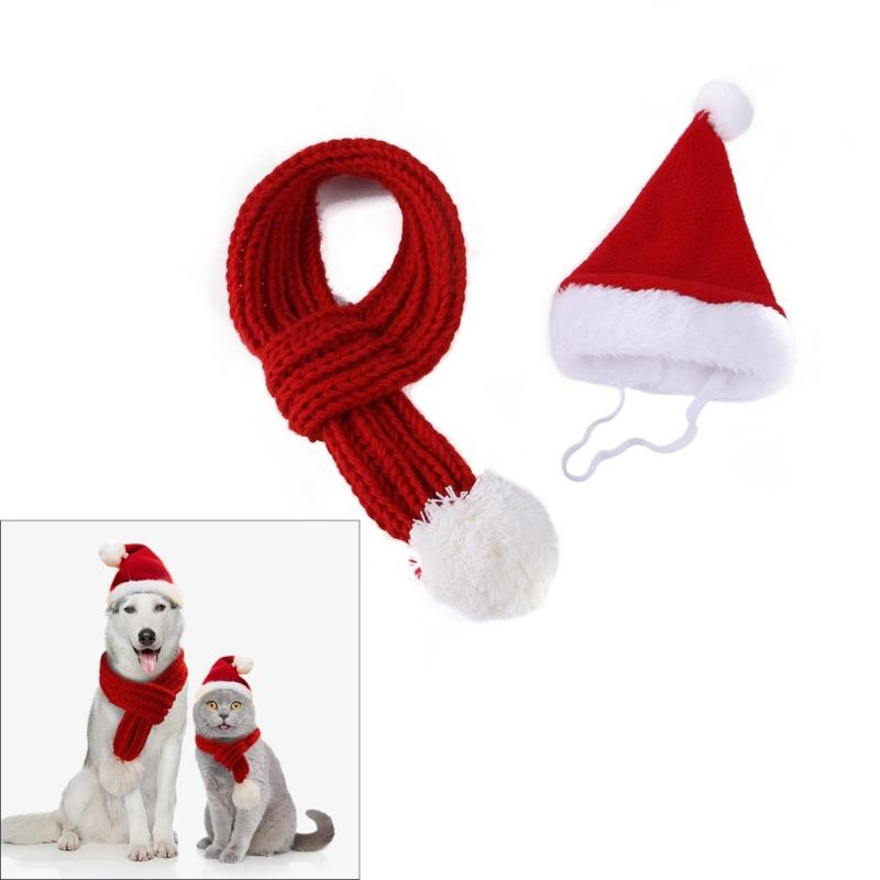 Dog Cats Christmas Santa Hat with Scarf Winter Pet Clothes Dog Cosplay Outfit for Home and Outdoor Fun