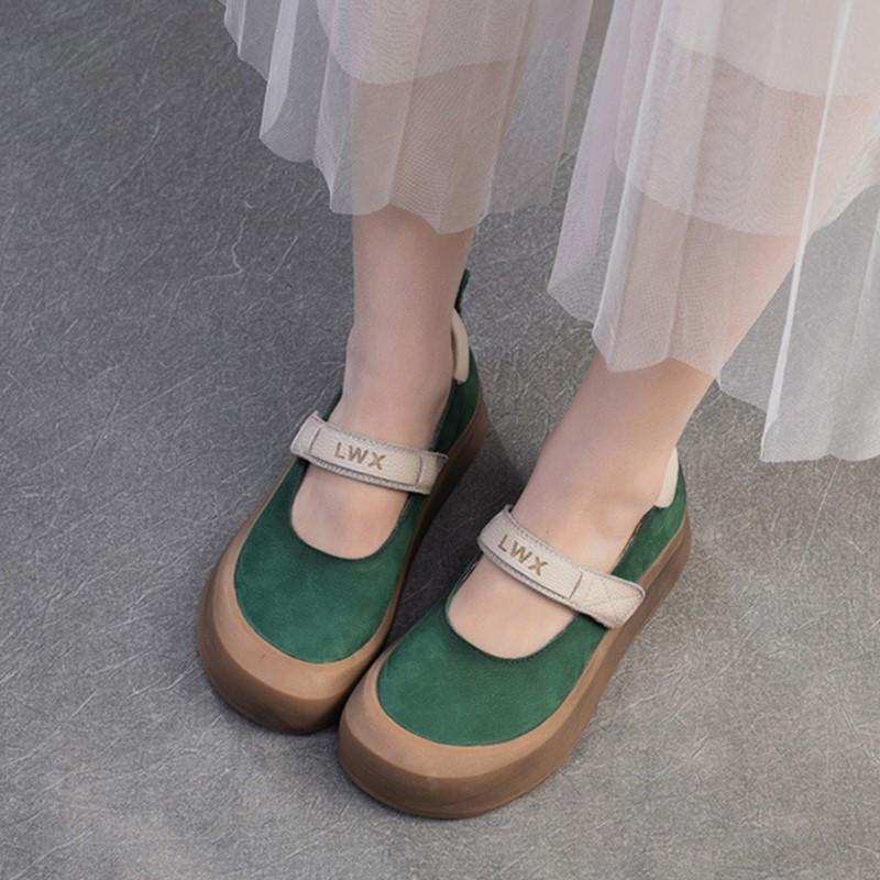 Johnature Casual Thick Soled Shoes Round Toe Genuine Leather Comfortable Women's Flat Platform Shoes