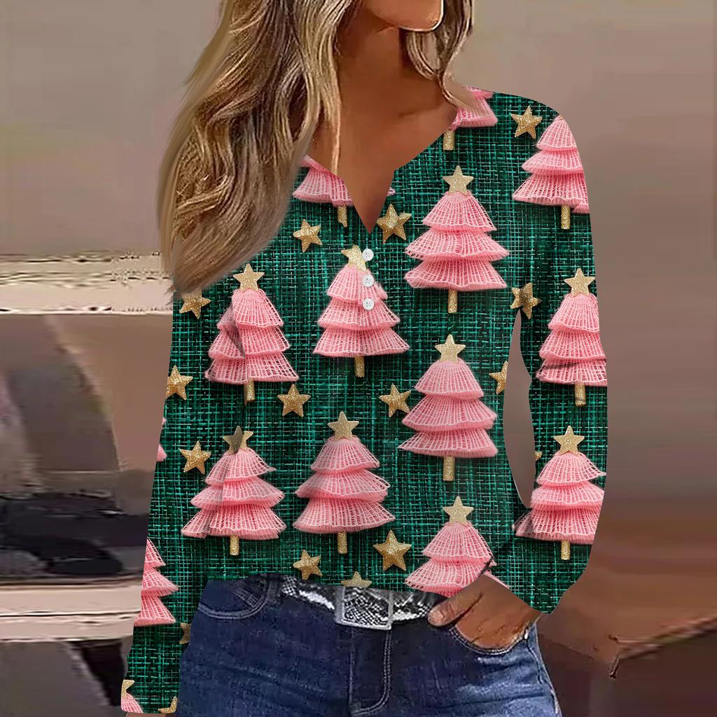 Women's Fashion Casual V-Neck Button-Up Long-Sleeve T-Shirt With Christmas Print Top