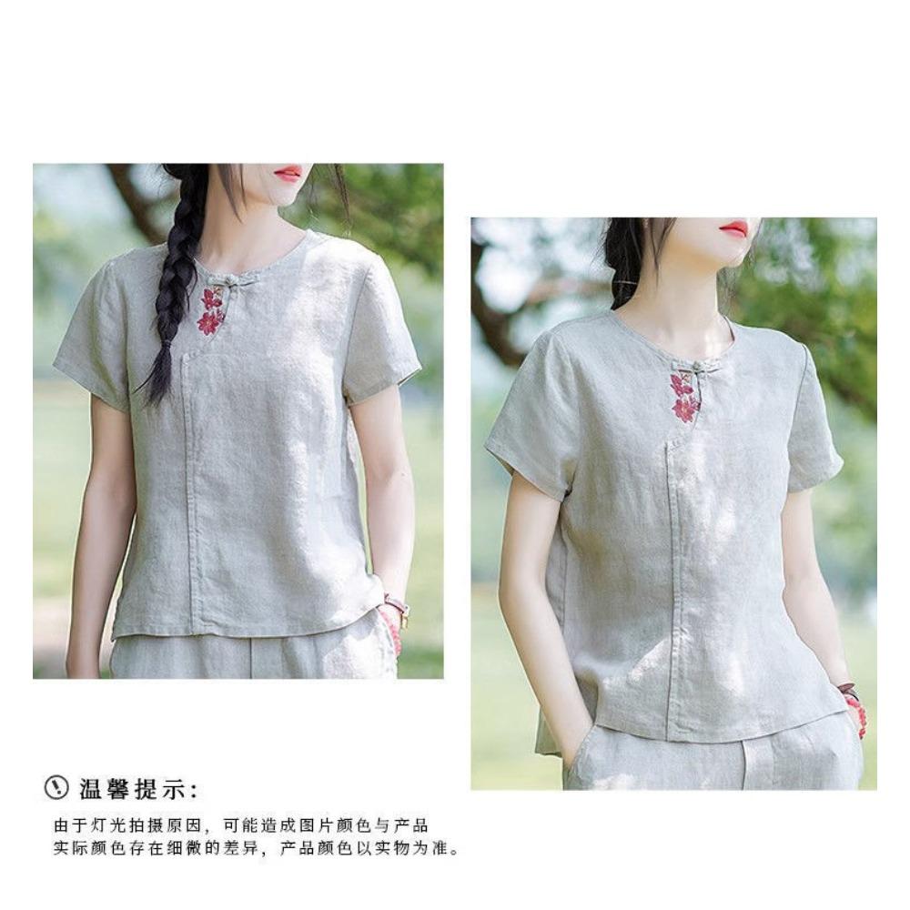 Spring and Summer Cotton and Linen Ethnic Style New Chinese Embroidery Short Sleeved T-shirt Retro Women's New Loose Casual Top