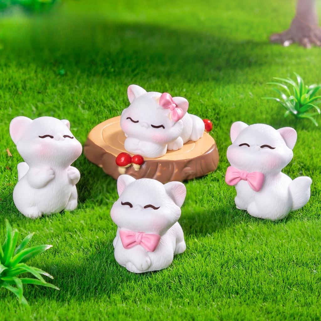 4Pcs/set Cartoon Bow Cat Animal Miniatures Resin Ornaments Fairy Garden Decoration Moss Terrarium Micro Landscape