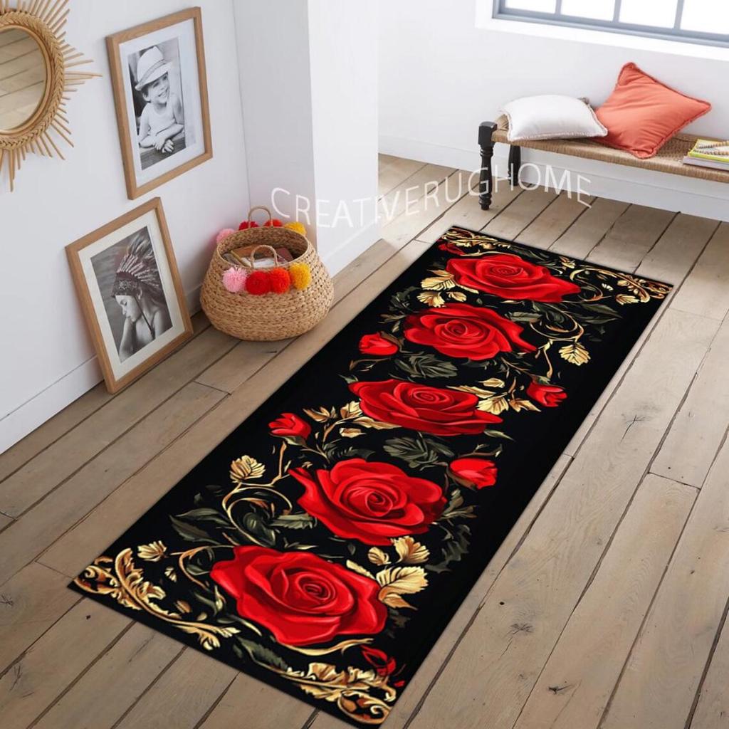 Red Rose Flowers Runner Rug Valentine's Day Candlelight Dinner Decoration Mat Corridor Porch Decoration Carpet Home Rug