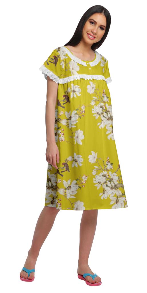 Moomaya Printed Short Sleeve Knee Length Nightdress Round Neck Sleepwear